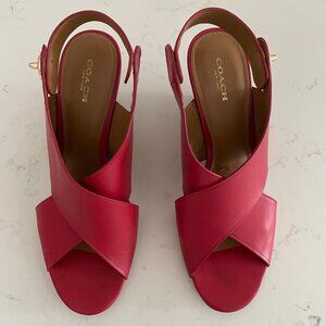 Coach Rosanne Wedge Manmade Cross Strap Sandal Turnlock Gold Hard Red Brown 9.5B